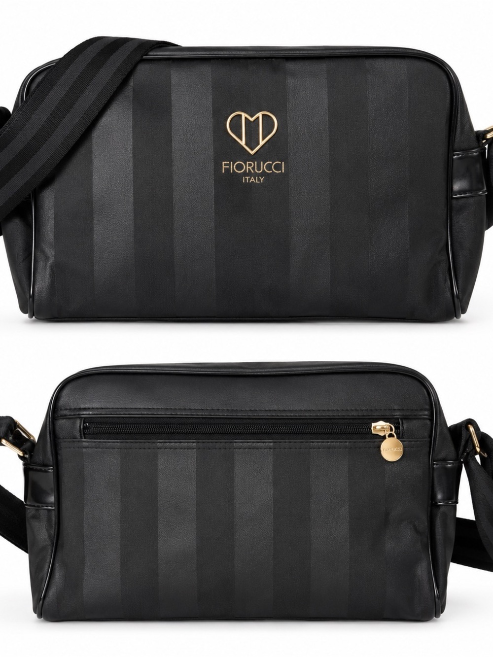 Fiorucci Black Striped Messenger Bag with Gold Logo